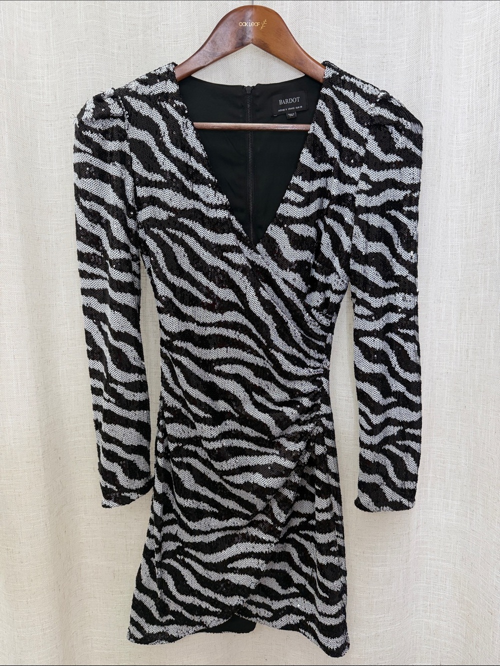 Bardot Black & White Zebra Sequin Wrap FrontMini Dress Size 4